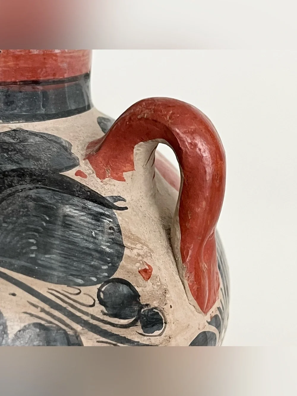 Vintage Mexican Tonala Hand Painted Pottery Vase w/Handles Floral Black Orange
